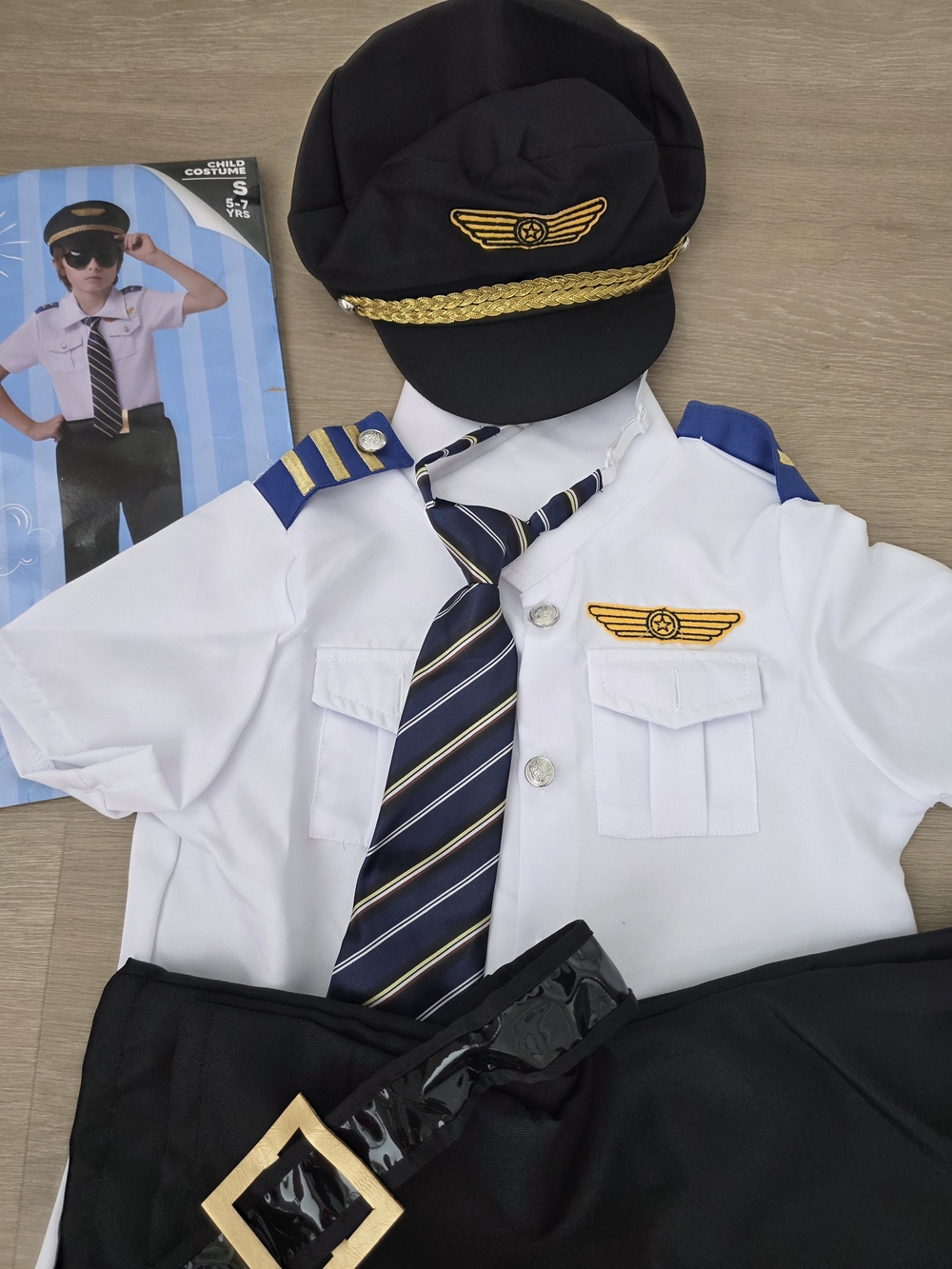Kids Pilot Costume Set - White Shirt & Black Cap with Blue Accents